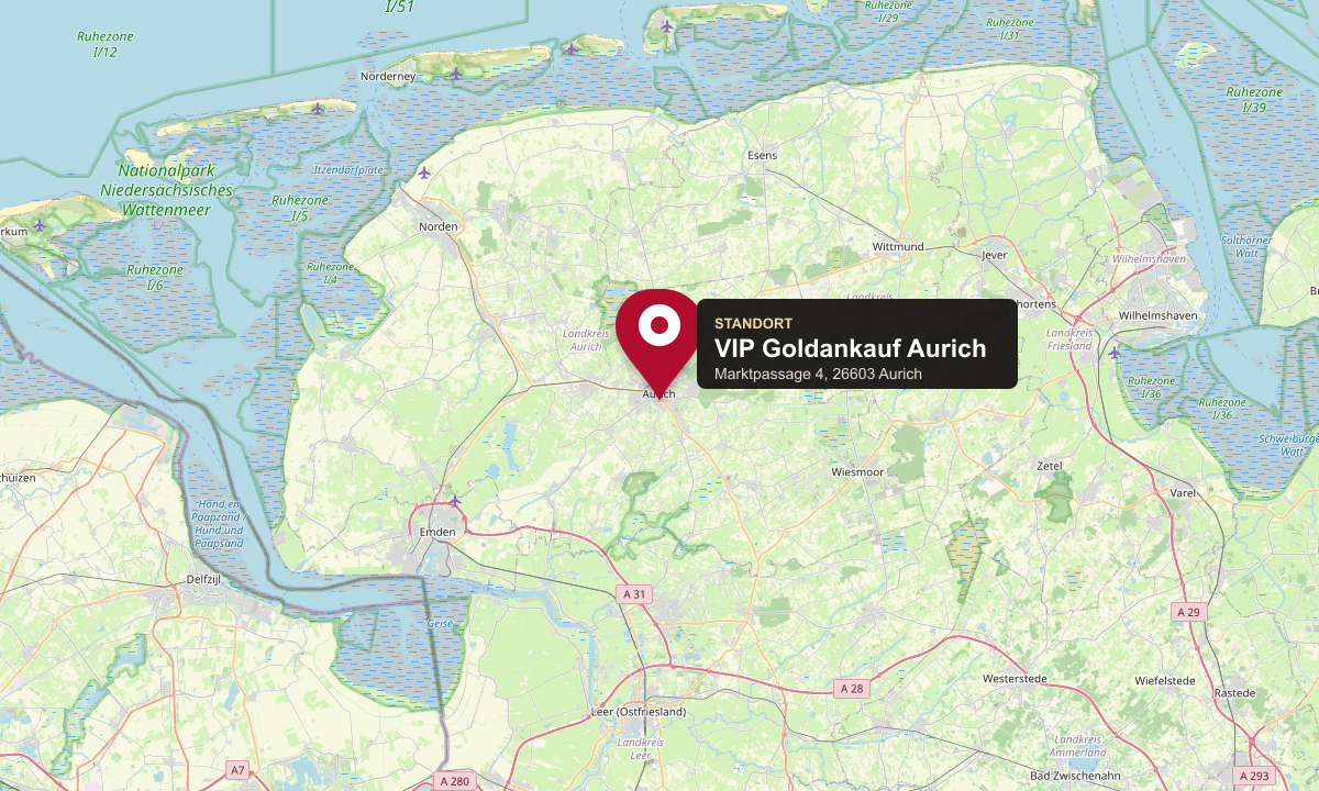 Statische Kartenansicht von Ostfriesland mit rotem Standortmarker auf Aurich